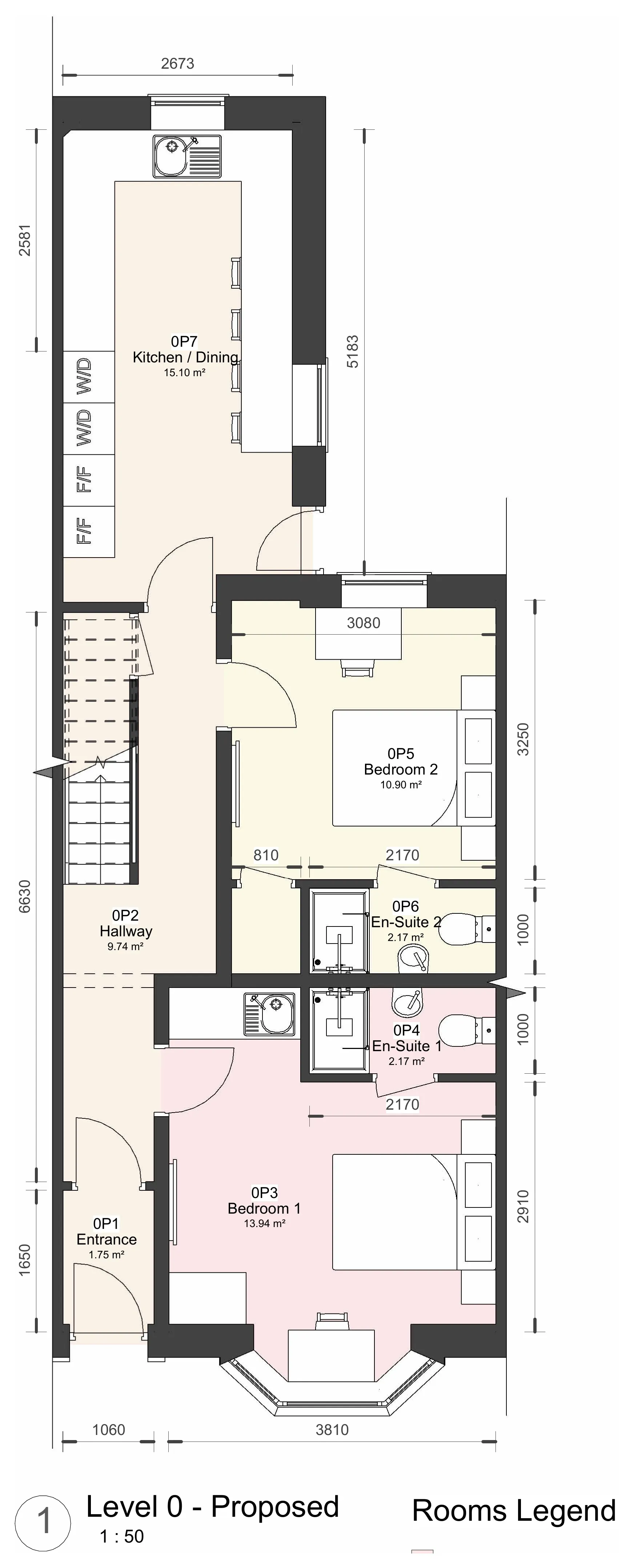 Floor plan of Level 0, showing entrance, hallway, Bedroom 1 with en-suite, Bedroom 2 with en-suite, and the kitchen and dining area.