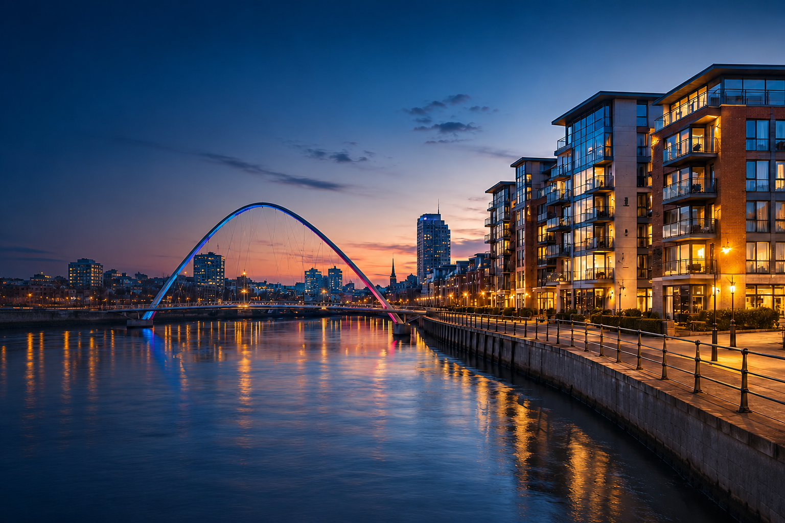 Twilight view of a UK riverside city — an illuminated arched bridge, water reflections and premium residential buildings.